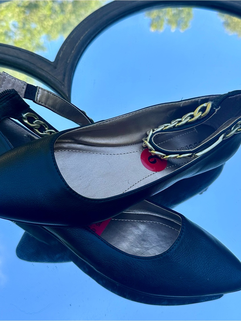 BCBG Black Slingback Flats with Gold Chain Accent
